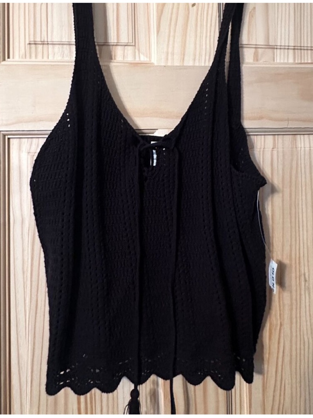 Black Crochet Cropped Tank Top with Tie Front
